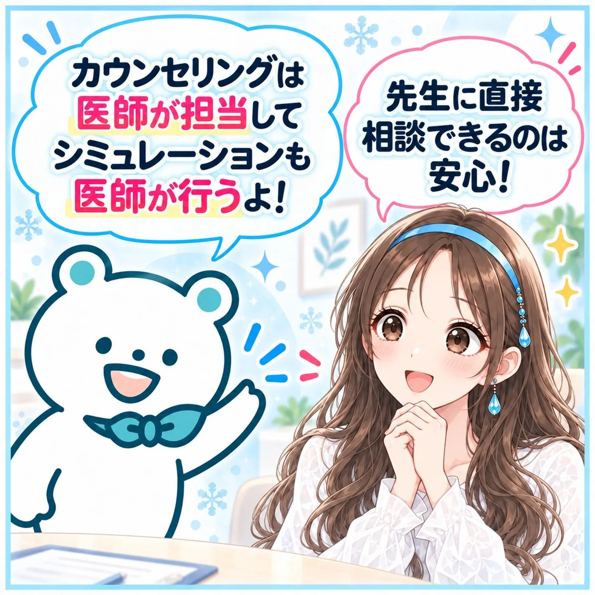 カウンセリングは医師が担当してシミュレーションも医師が行うよ!先生に直接相談できるのは安心!
