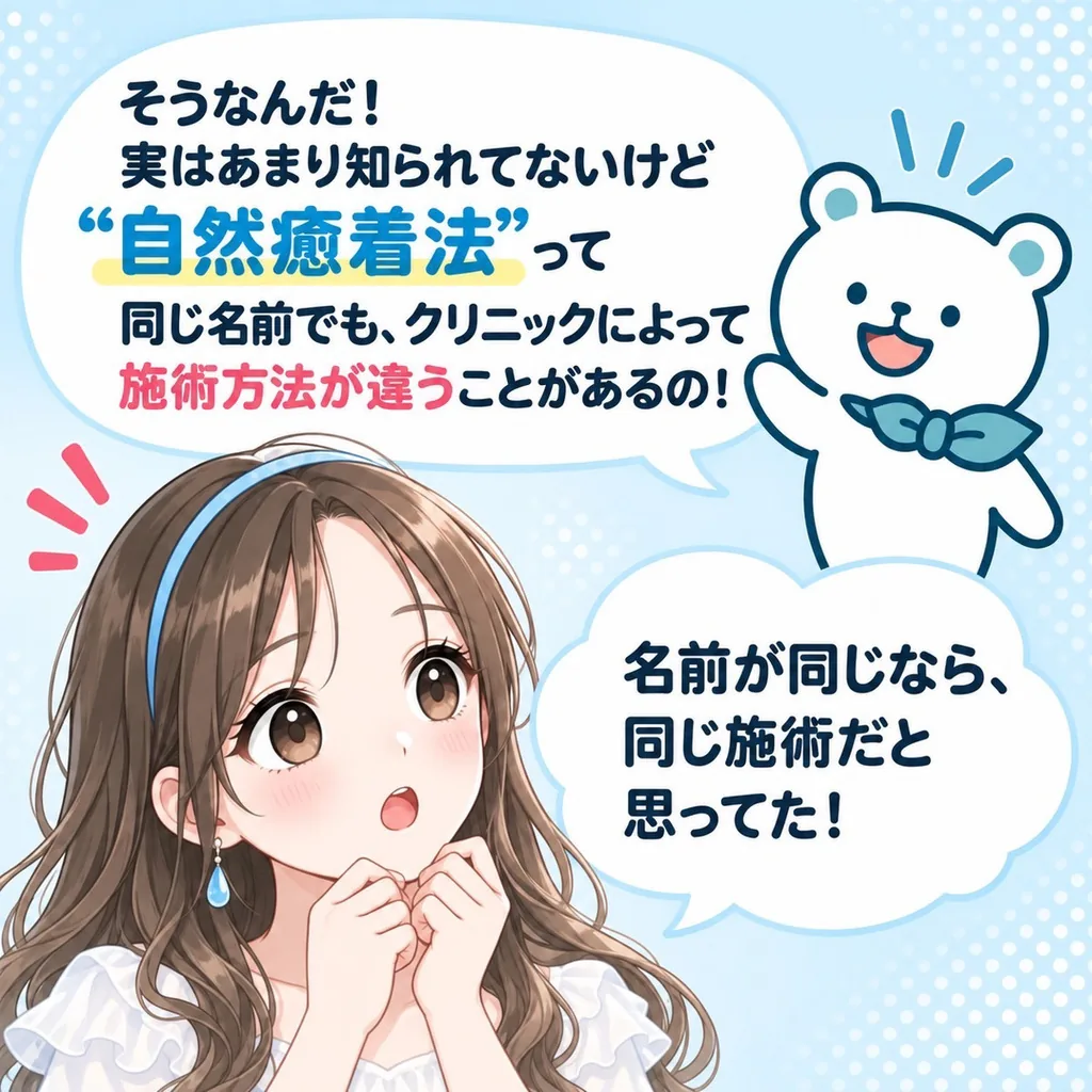 そうなんだ!実はあまり知られてないけど“自然癒着法”って同じ名前でも、クリニックによって施術方法が違うことがあるの!名前が同じなら、同じ施術だと思ってた!