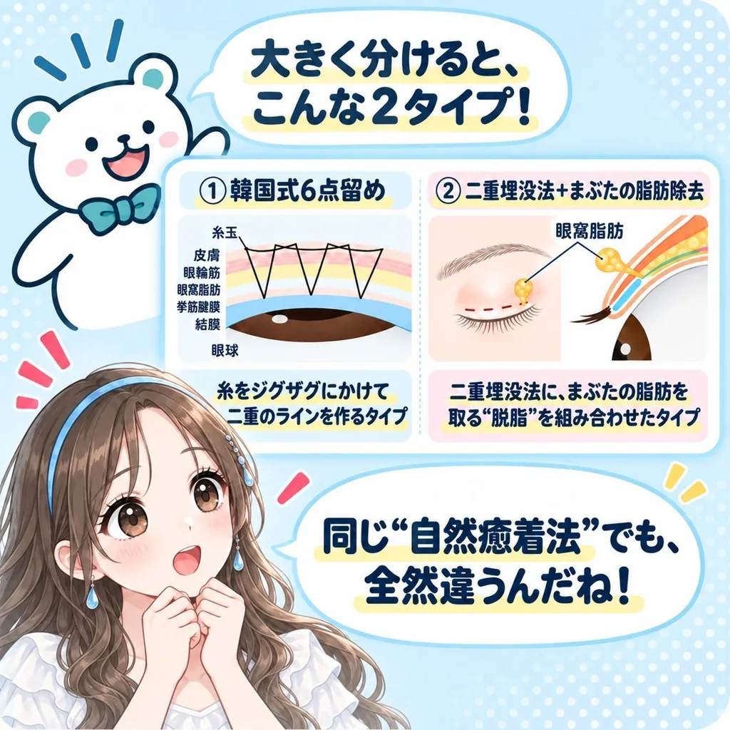 大きく分けると、こんな2タイプ!1.韓国式6点留め(糸をジグザグにかけて二重のラインを作るタイプ)2.二重埋没法+まぶたの脂肪除去(二重埋没法に、まぶたの脂肪を取る“脱脂”を組み合わせたタイプ)。同じ“自然癒着法”でも、全然違うんだね!
