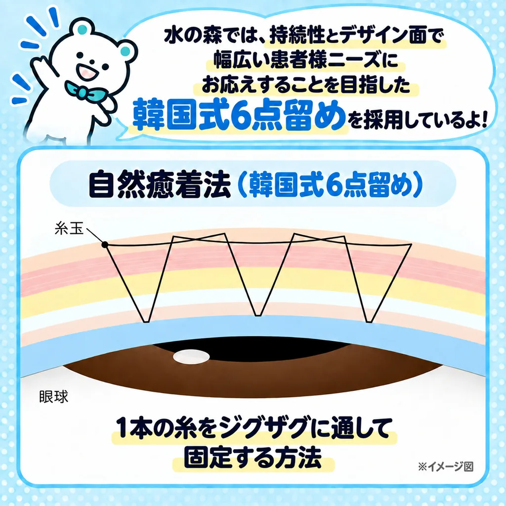 水の森では、持続性とデザイン面で幅広い患者様ニーズにお応えすることを目指した韓国式6点留めを採用しているよ!自然癒着法(韓国式6点留め)は1本の糸をジグザグに通して固定する方法